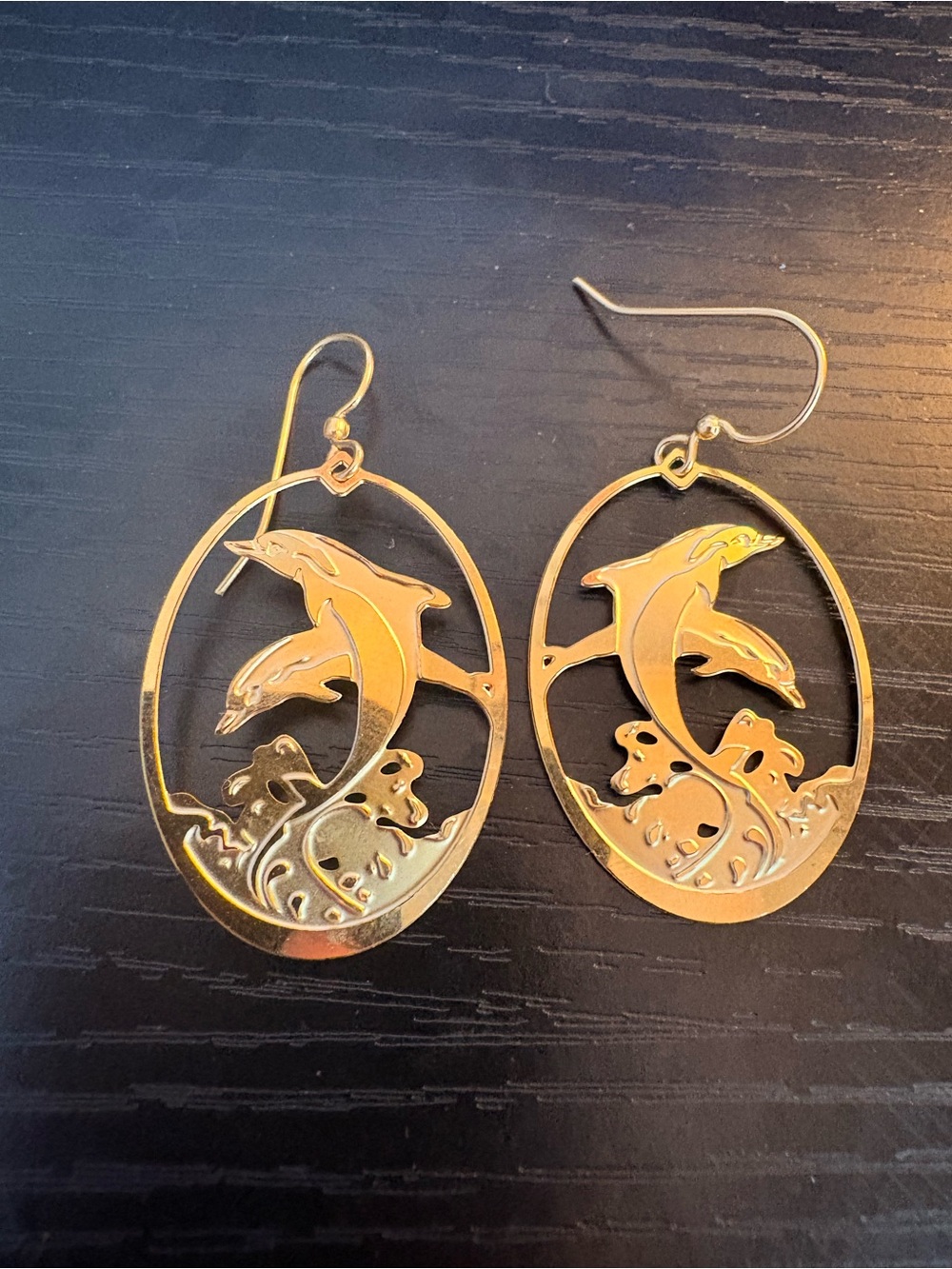 LAM Signed Gold Plated Dolphin & Wave Earrings